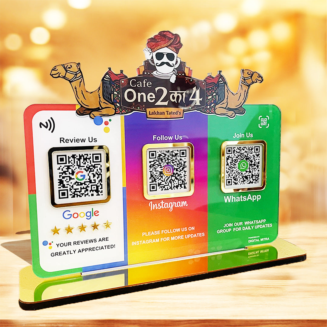 Logo Cutout Smart NFC 3QR Table Top Standee | Social Media Theme Edition