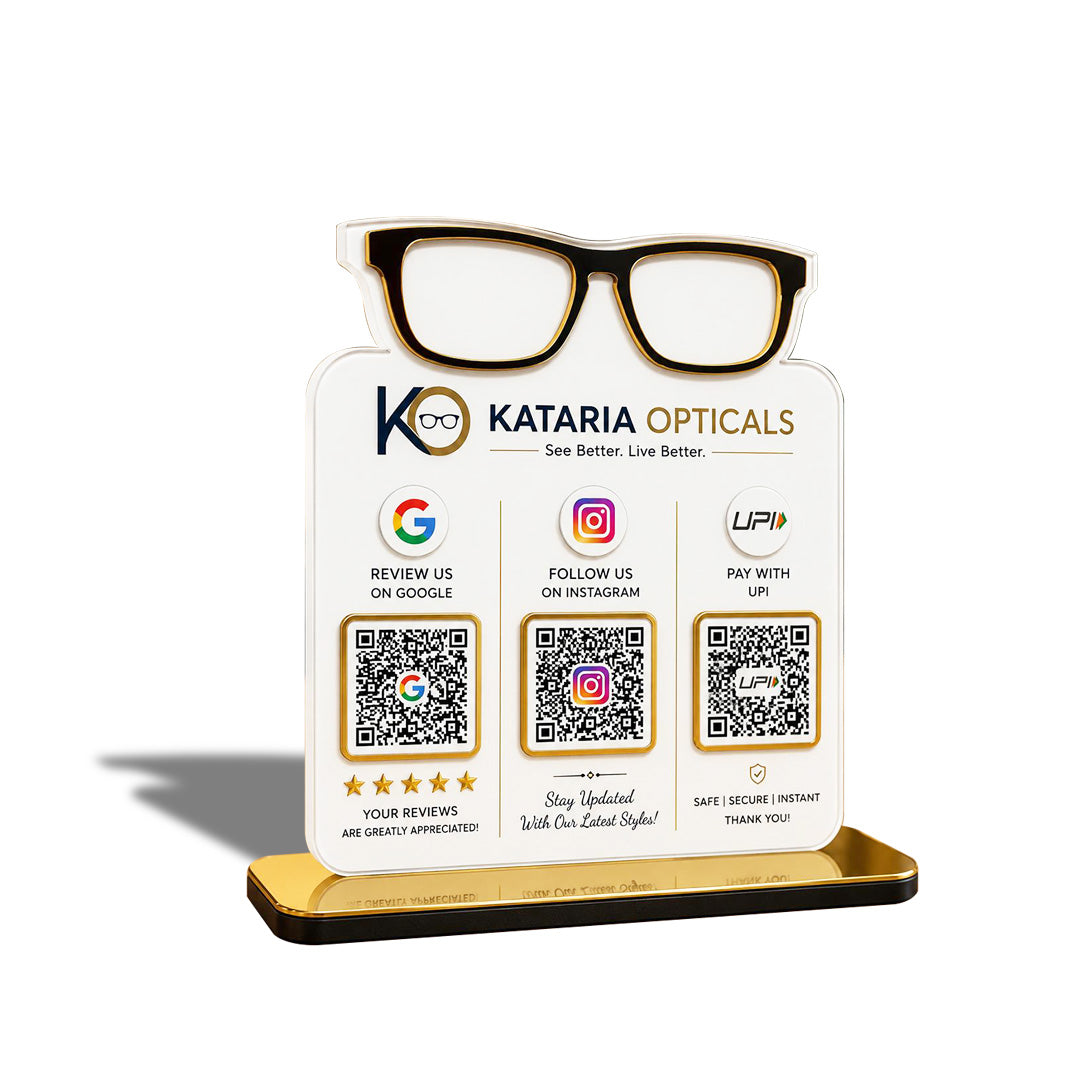 Spectacle Shaped Cutout Edition - Smart NFC 3 QR Table Top Standee - Optical Business