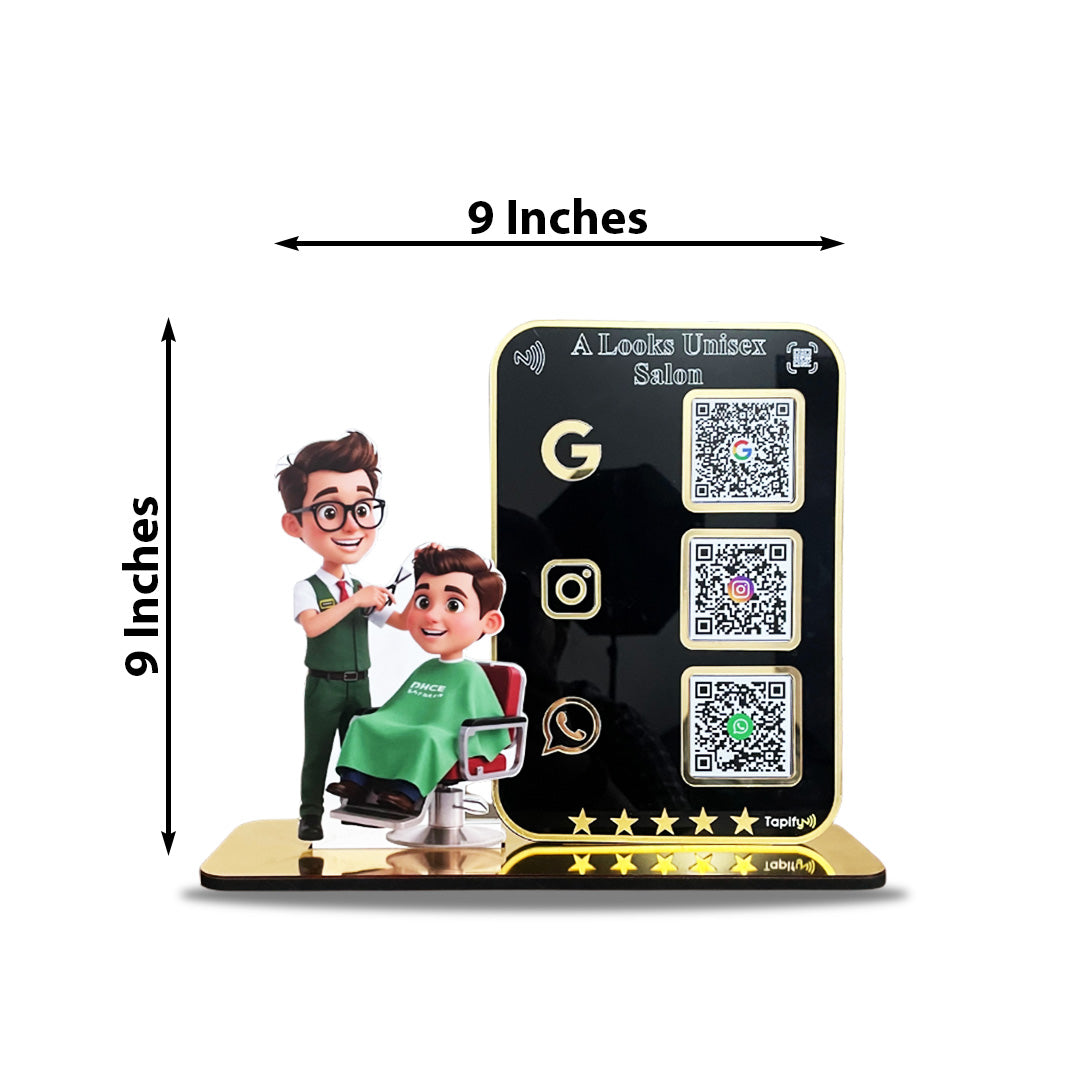 Premium Salons Cutout Smart NFC 3-in-1 Tabletop Standee - Portrait Style - For Unisex Salon - Google, Instagram, Whatsapp