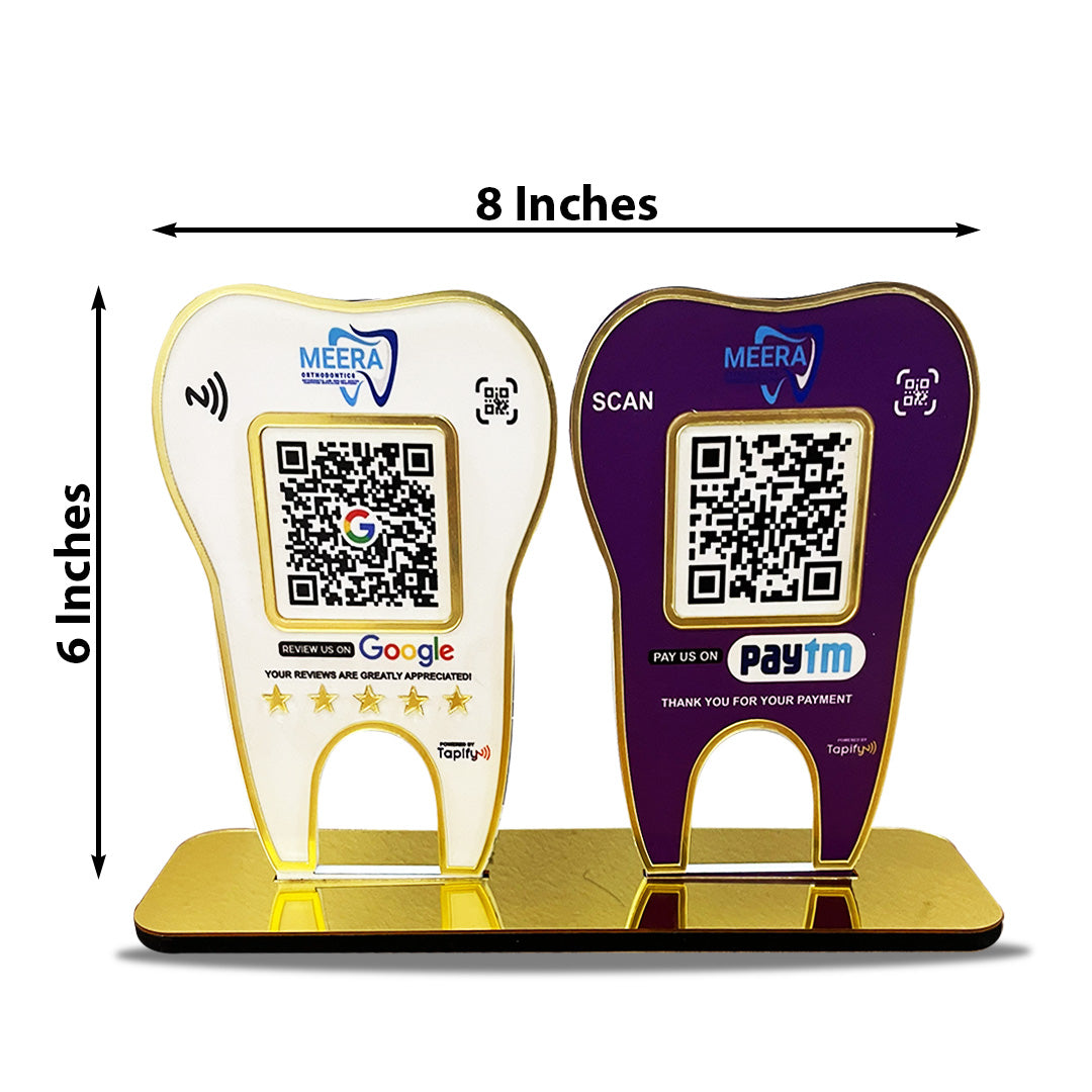 Tooth Shape - Smart NFC 2QR Table Top Standee - W&P Colour - Google, Paytm