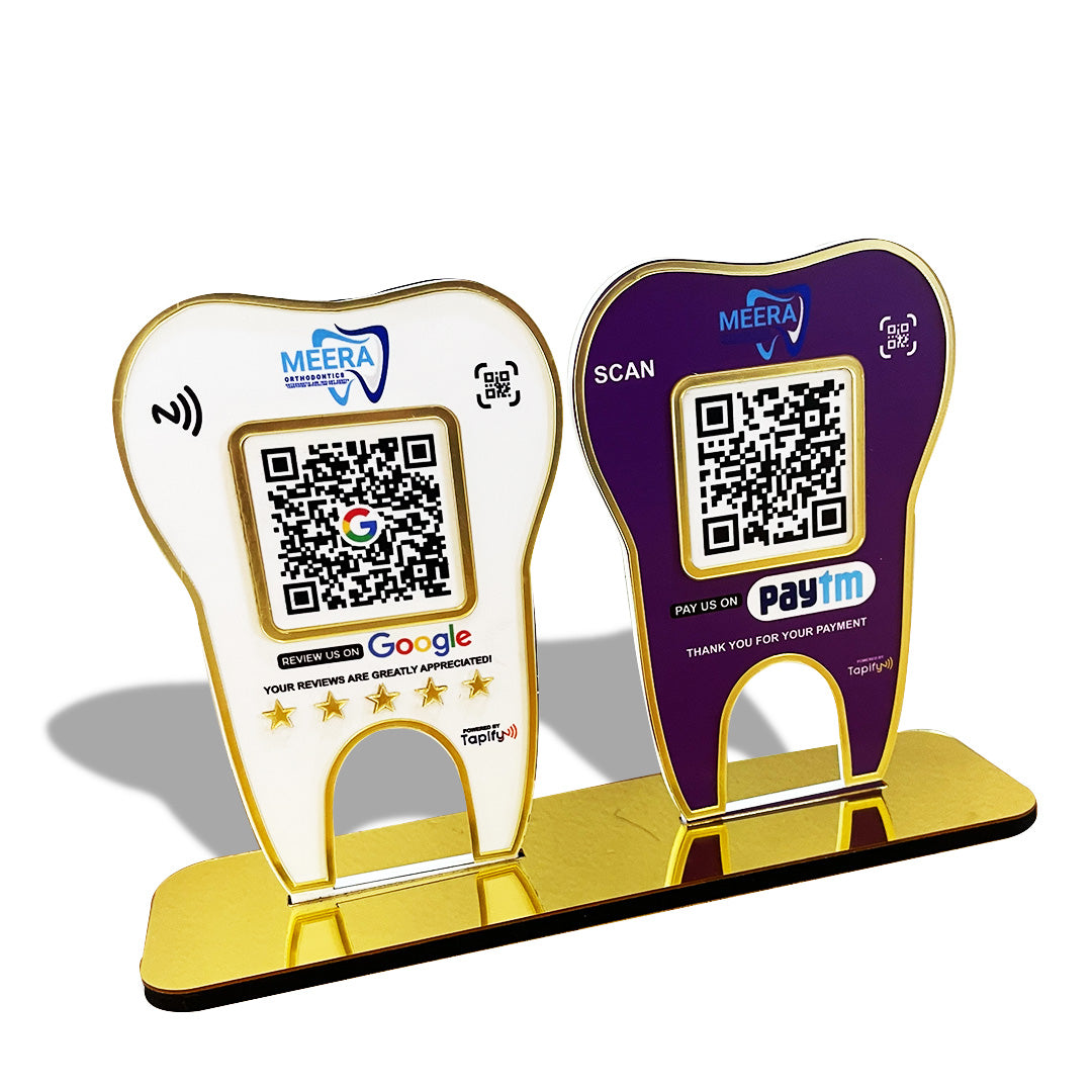 Tooth Shape - Smart NFC 2QR Table Top Standee - W&P Colour - Google, Paytm