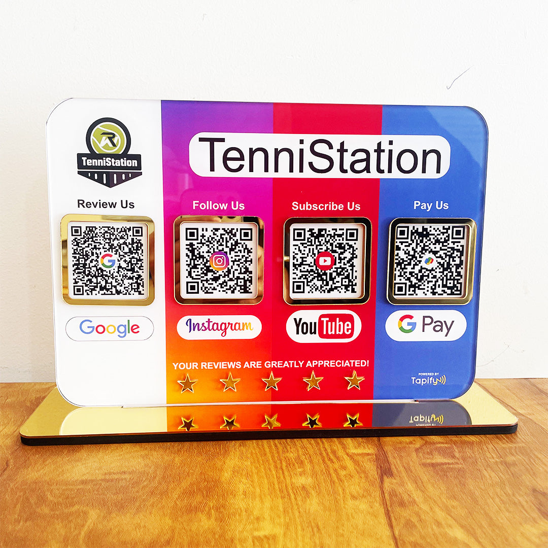 Smart NFC 4QR Table Top Standee | Social Media Theme - Google, Instagram, Youtube, Gpay