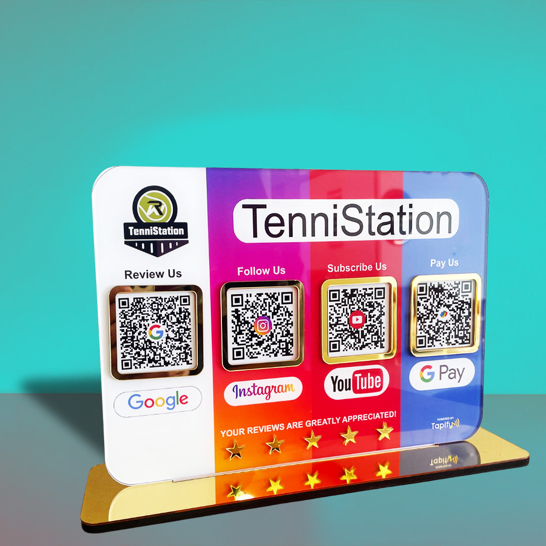 Smart NFC 4QR Table Top Standee | Social Media Theme - Google, Instagram, Youtube, Gpay