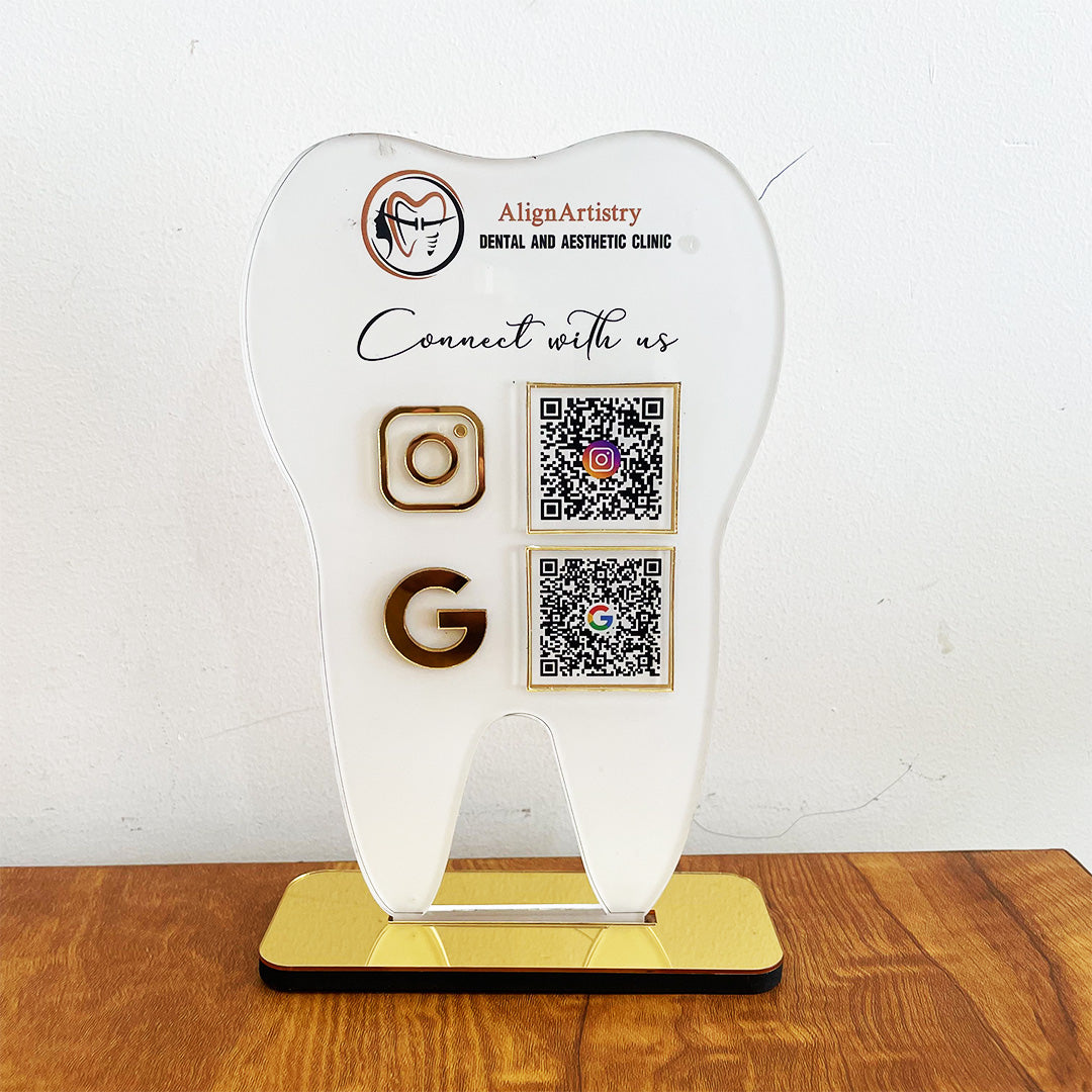 Tooth Shaped NFC 2 QR Smart NFC Table Top Standee | New Edition - For Dentists