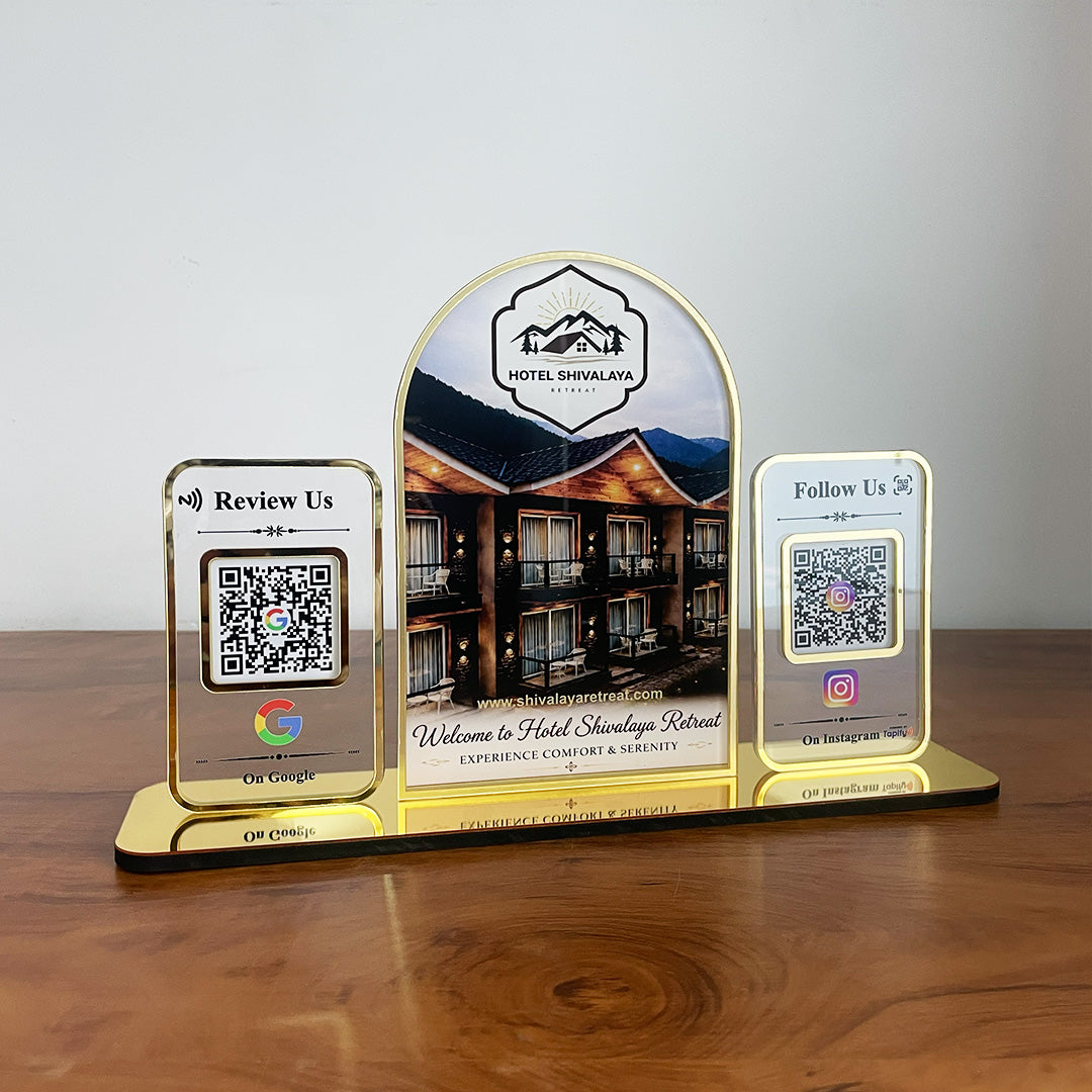 Premium Arch Shaped Smart NFC 2-in-1 Transparent Table Top Standee | Hotel Edition