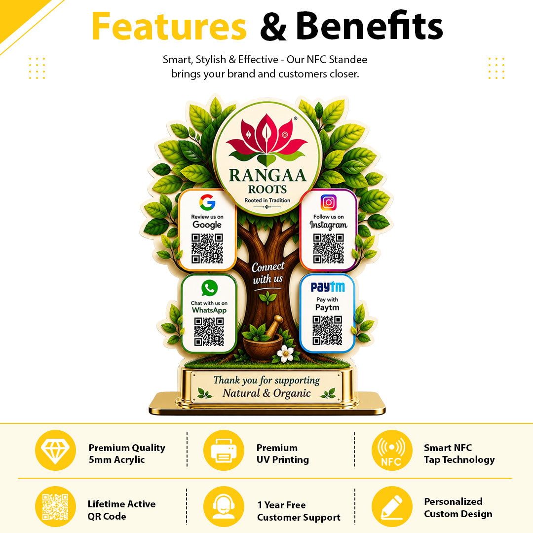 Tree Shaped Smart NFC 4-in-1 Table top Standee - For Ayurvedic & Organic Stores