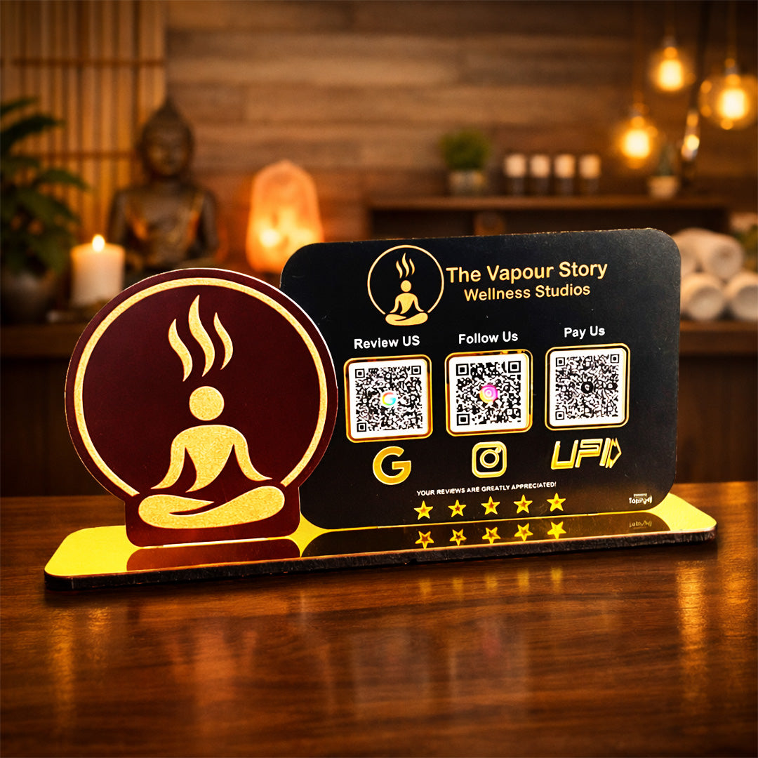 Separate Logo Cutout Shaped 3QR Table Top Smart NFC Standee - Wellness Yoga Theme