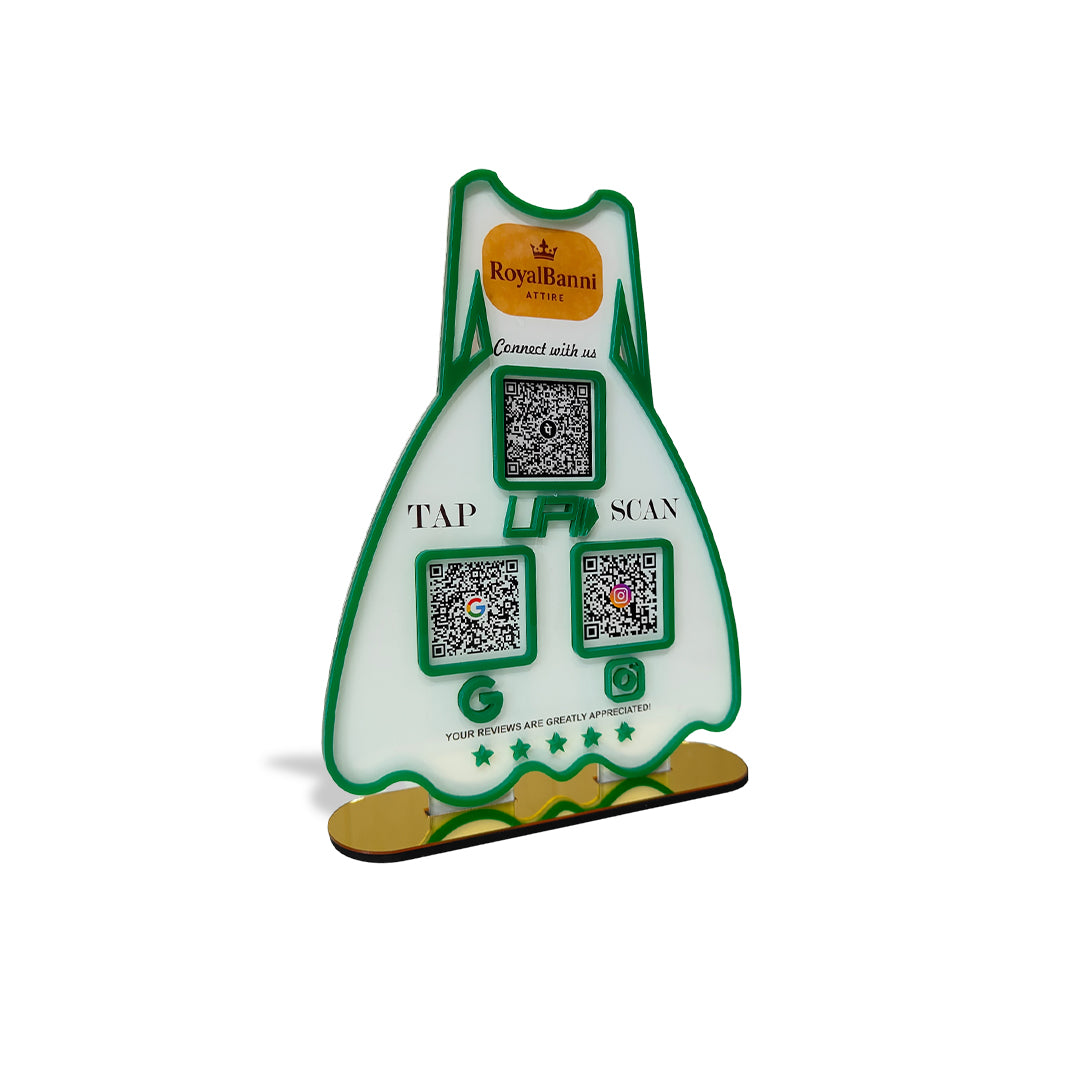 Ladies Gown NFC 3-in-1 Tabletop Standee – For Boutiques & Garment Shops | White Colour