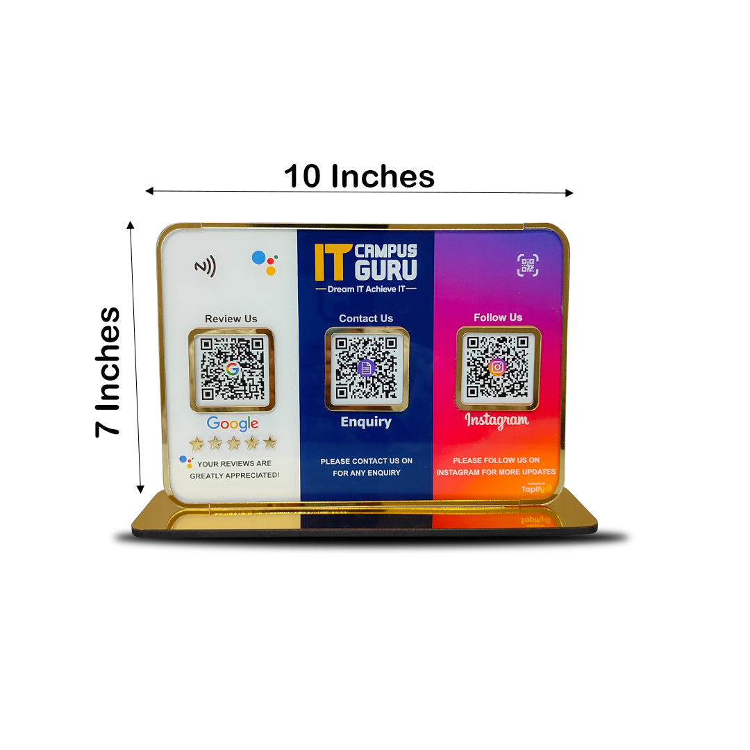 Premium Smart NFC 3QR Table Top Standee | Social Media Theme Edition - Google,Instagram,Enquiry