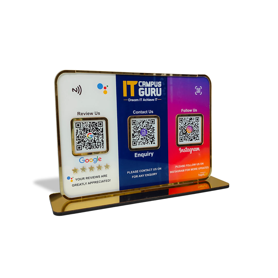 Premium Smart NFC 3QR Table Top Standee | Social Media Theme Edition - Google,Instagram,Enquiry