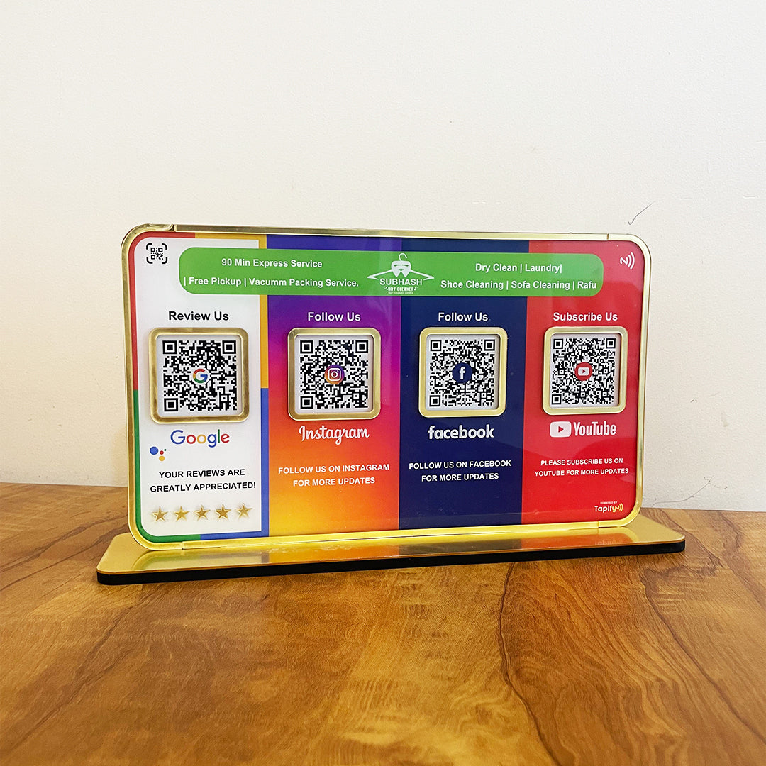 Premium Smart NFC 4QR Table Top Standee | Social Media Theme Edition | Google, Insta , FB ,YT( Big Size )