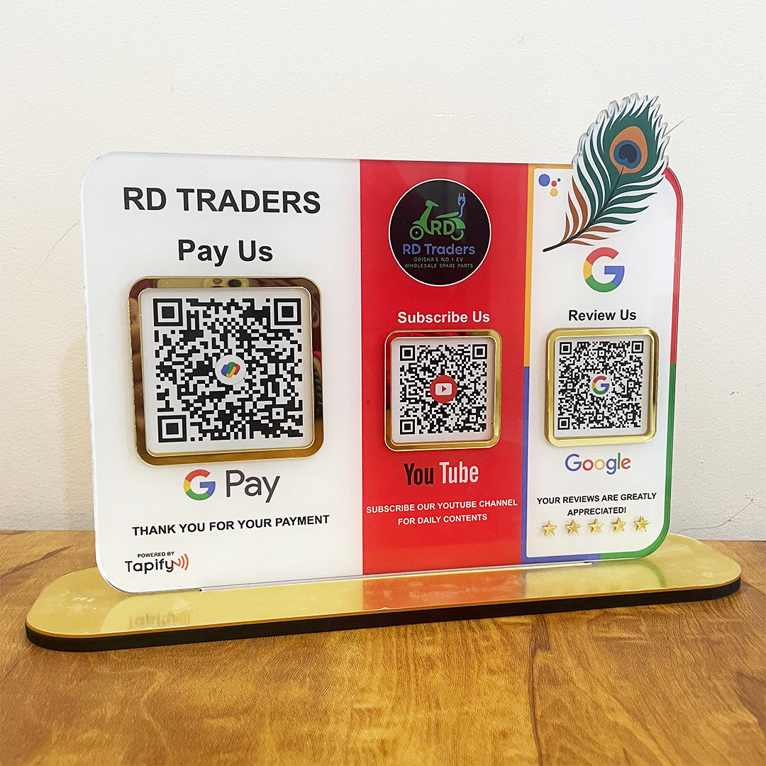 Mor Pankh Cutout Premium Smart NFC 3QR Table Top Standee | UPI , YT , Google