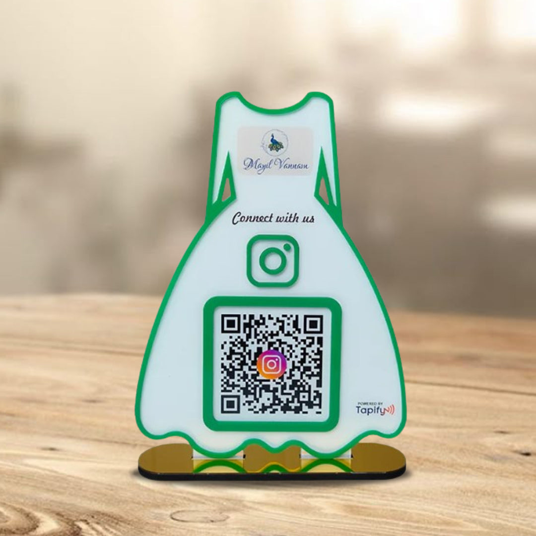Ladies Gown Smart NFC 1 QR Tabletop Standee – For Boutiques & Garment Shops | White Colour