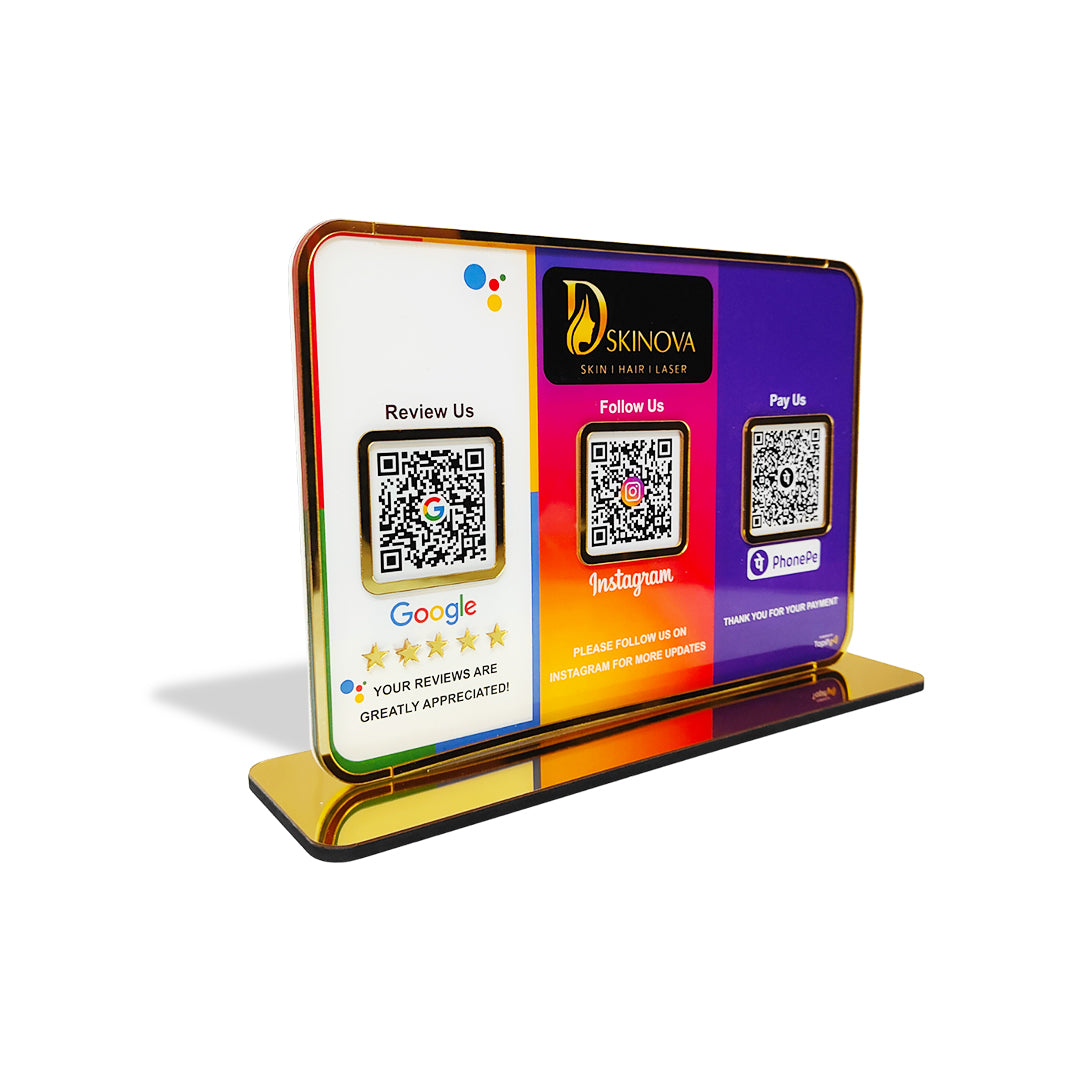 Premium Smart NFC 3QR Table Top Standee | Social Media Theme Edition - For-Google Review, Instagram Follow, Phone Pay