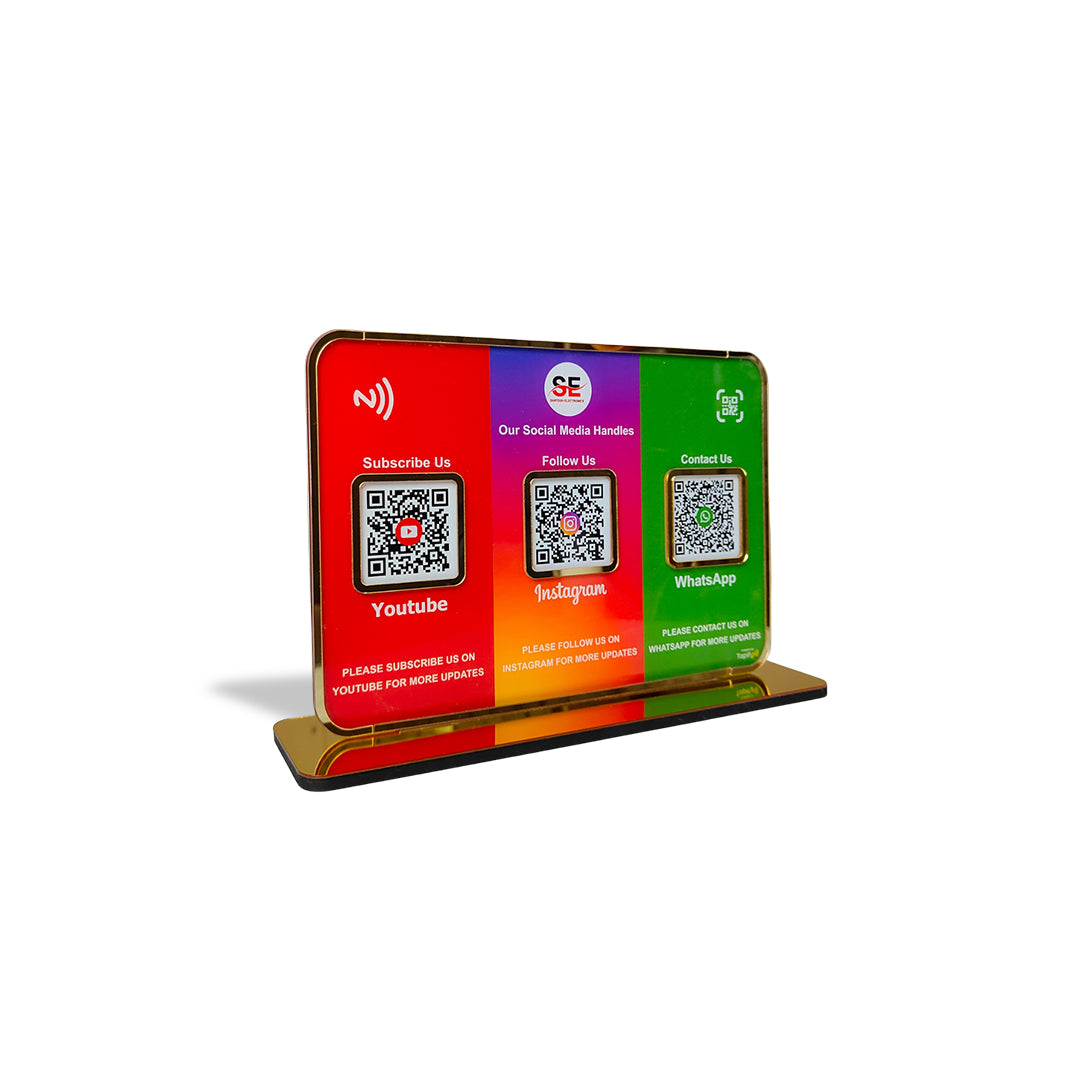 Premium Smart NFC 3QR Table Top Standee | Social Media Theme Edition - For-YouTube, Instagram, Whatsapp
