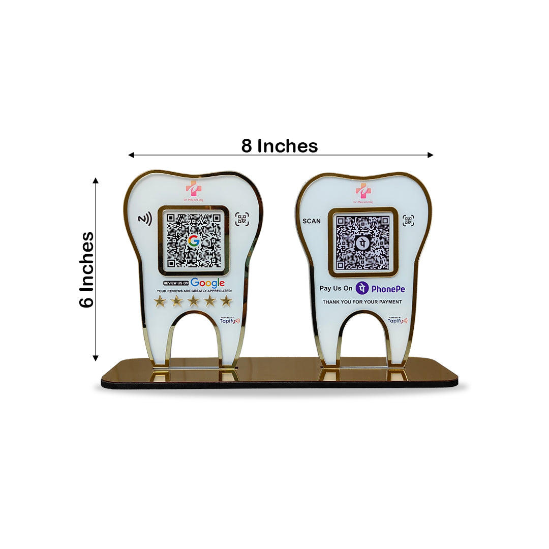 Tooth Shape - Smart NFC 2QR Table Top Standee - For Dental Clinic