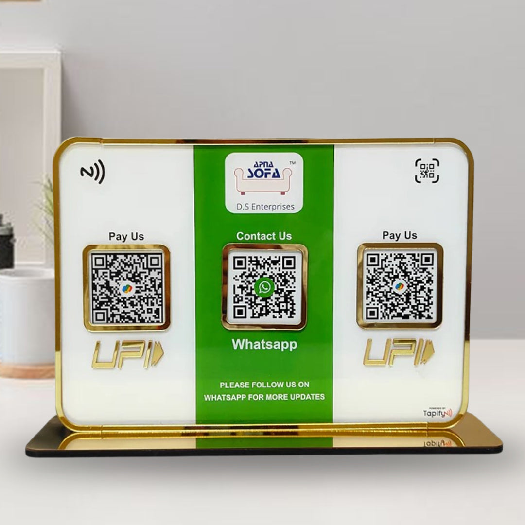 Premium Smart NFC 3QR Table Top Standee | Social Media Theme Edition-Whatsapp,UPI Payment