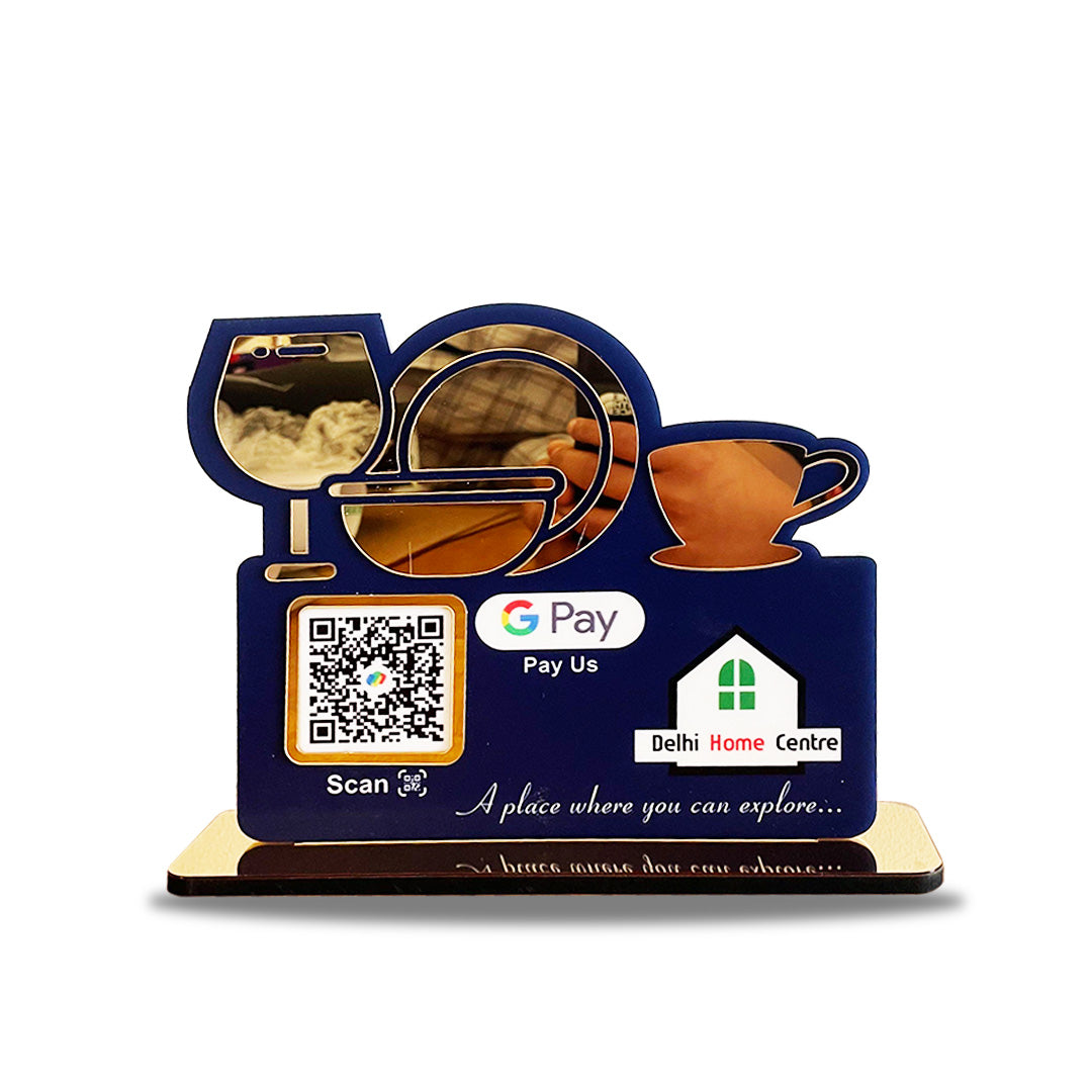 3D Golden Acrylic Crockery  Cutout Shaped - Smart NFC 1 QR  Table Top Standee