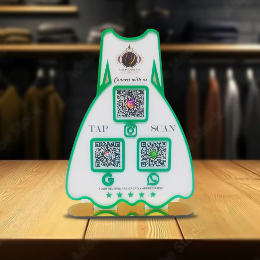 Ladies Gown NFC 3-in-1 Tabletop Standee – For Boutiques & Garment Shops | White Colour