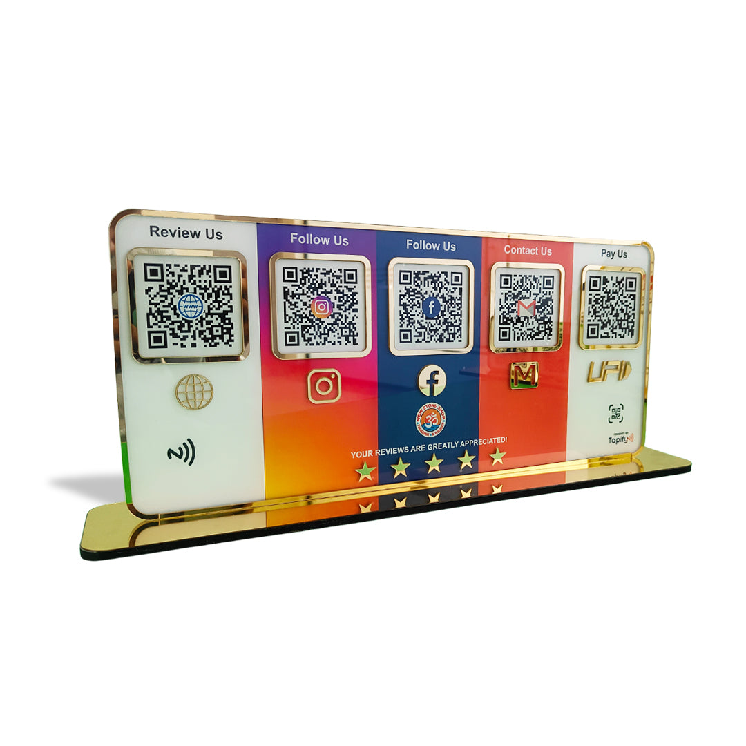 Premium Smart NFC Standee - 5QR Table Top Standee | Social Media Theme Edition