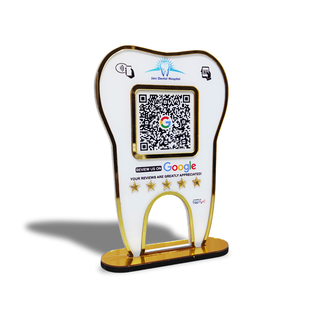Premium - Dental Tooth Shaped NFC Single QR Standee - Google Review | Instagram | UPI