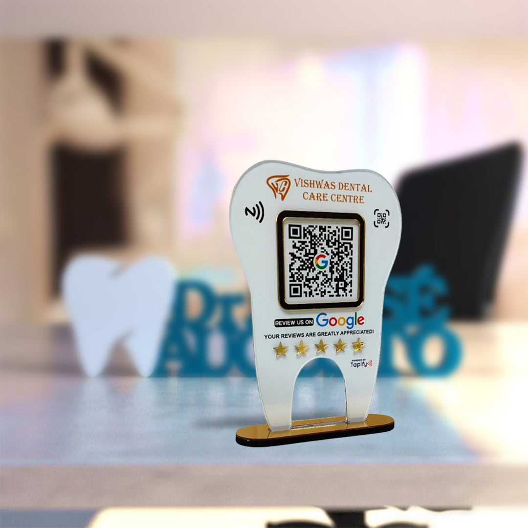 Dental Tooth Shaped NFC Single QR Google Review Standee - For Dentists