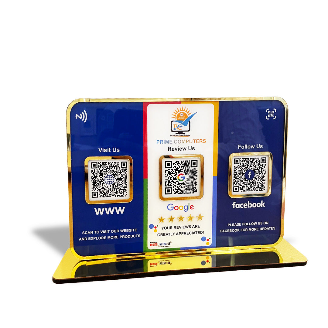Premium Smart NFC 3QR Table Top Standee | Social Media Theme Edition - For- WS, GR, FB