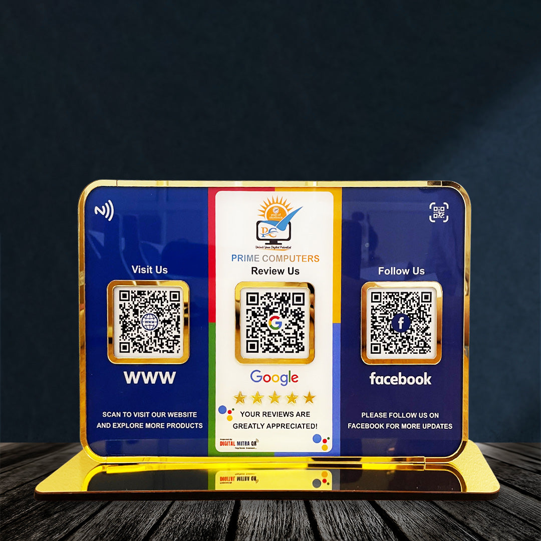 Premium Smart NFC 3QR Table Top Standee | Social Media Theme Edition - For- WS, GR, FB