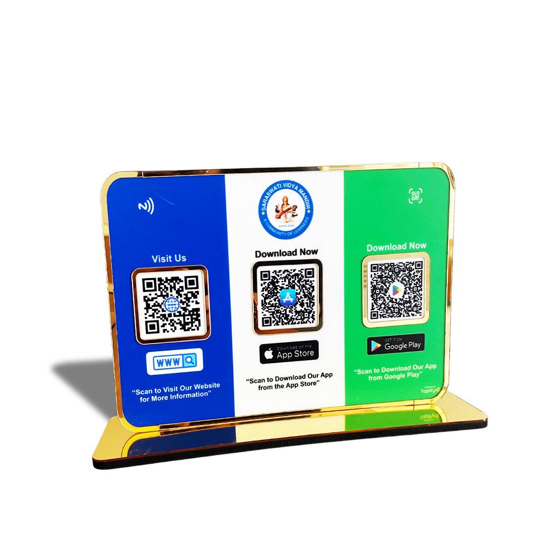 Premium Smart NFC 3QR Table Top Standee | Social Media Theme Edition-Website, App store, Google Play