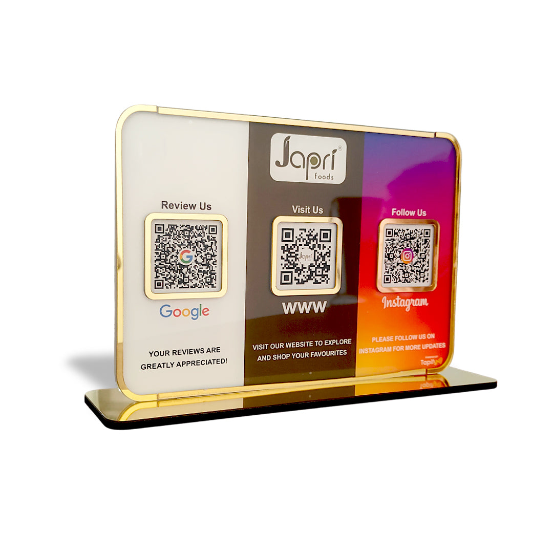 Premium Smart NFC 3QR Table Top Standee | Social Media Theme Edition - Google,Instagram,Website