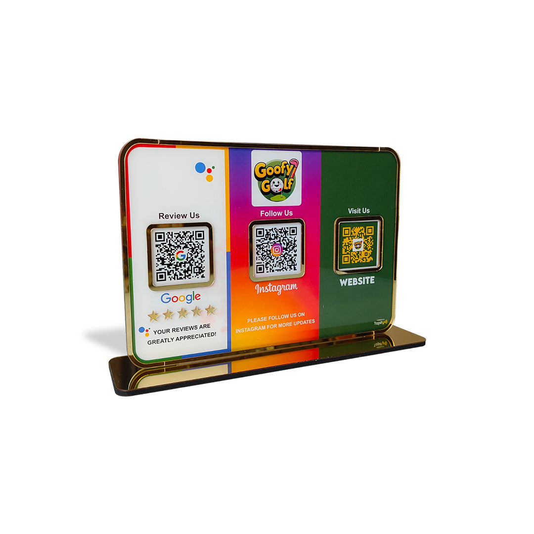 Premium Smart NFC 3QR Table Top Standee | Social Media Theme Edition - Google,Instagram,Website