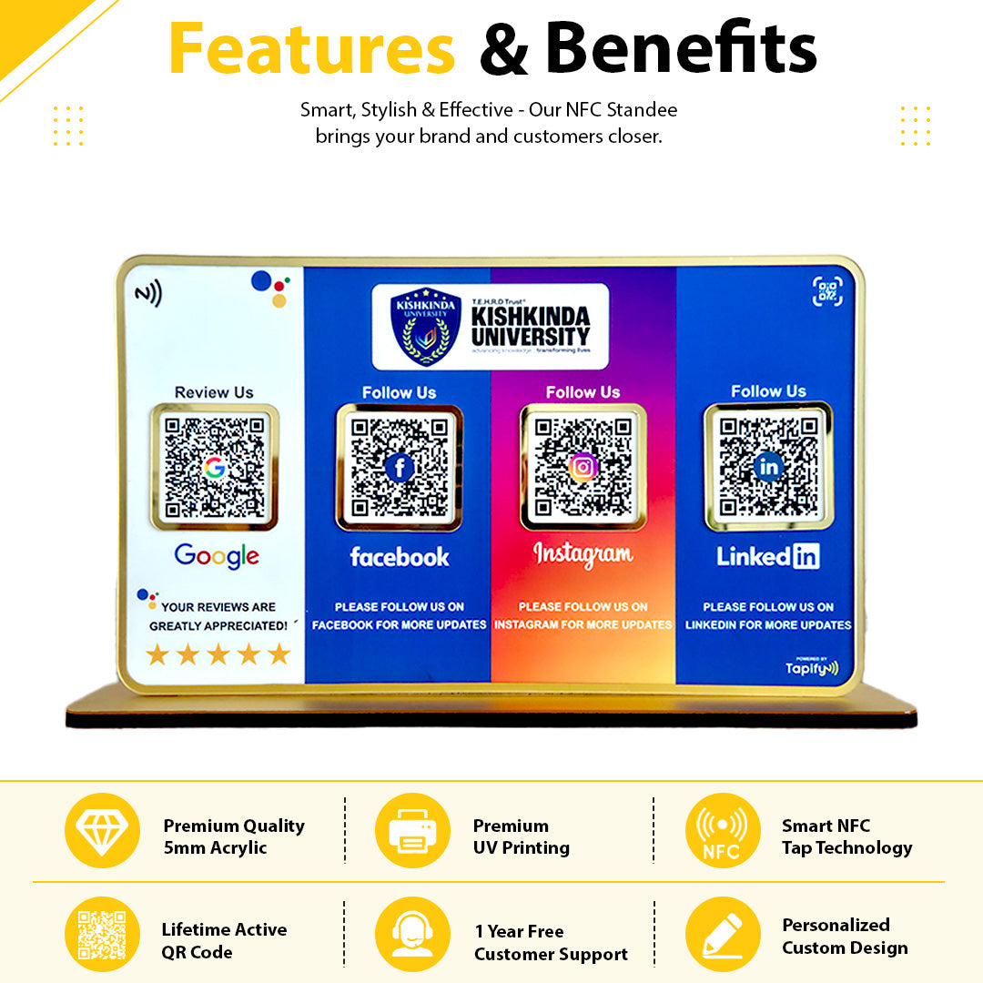 Premium Smart NFC 4QR Table Top Standee | Social Media Theme Edition | Google, Facebook, Instagram, LinkediIn