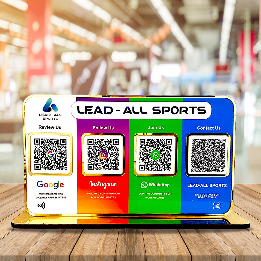 Premium Smart NFC 4QR Table Top Standee | Social Media Theme Edition | Google, Insta, WA, LEAD ALL SPORTS (Big Size)