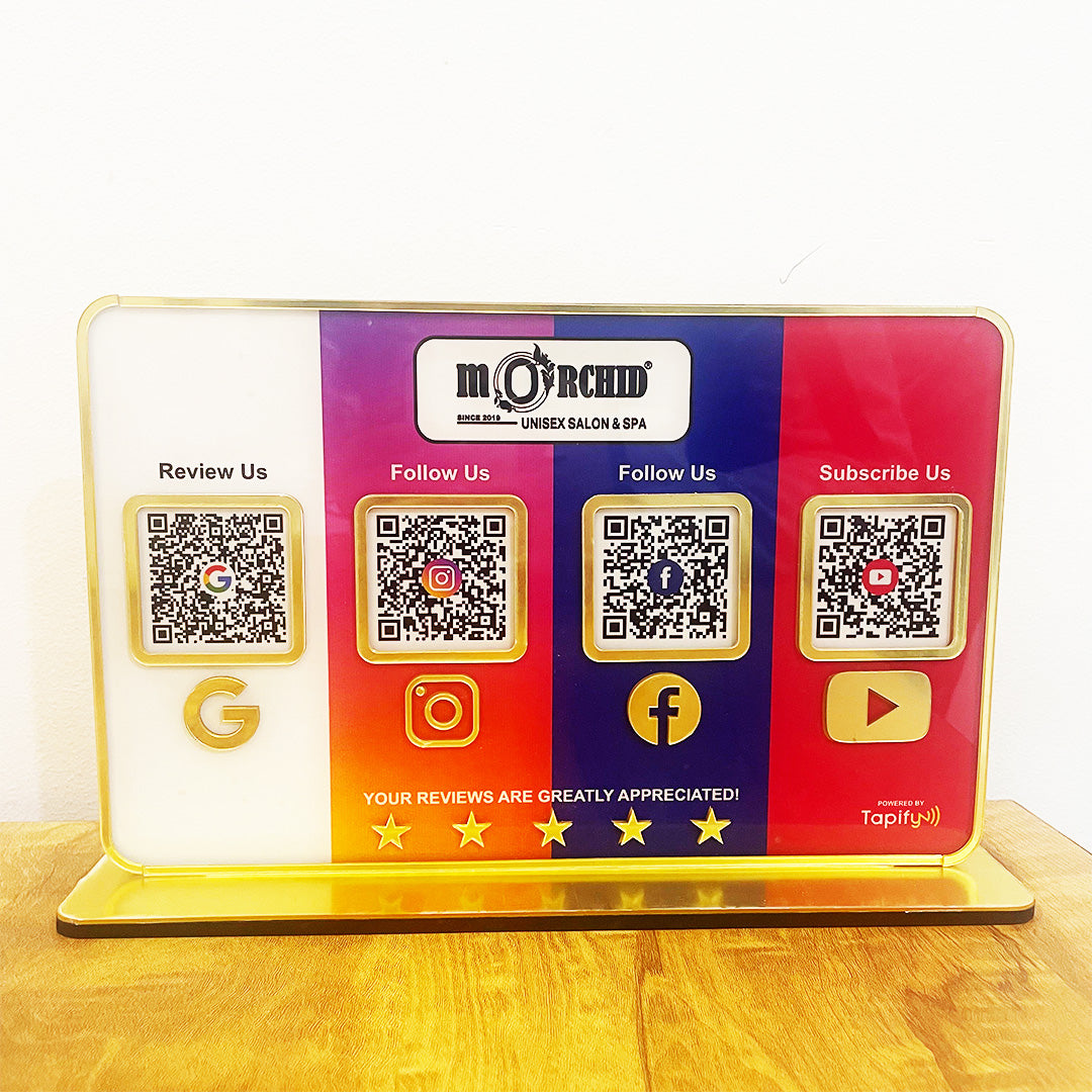 Premium Smart NFC 4QR Table Top Standee | Social Media Theme Edition - GR-IG-FB-YT