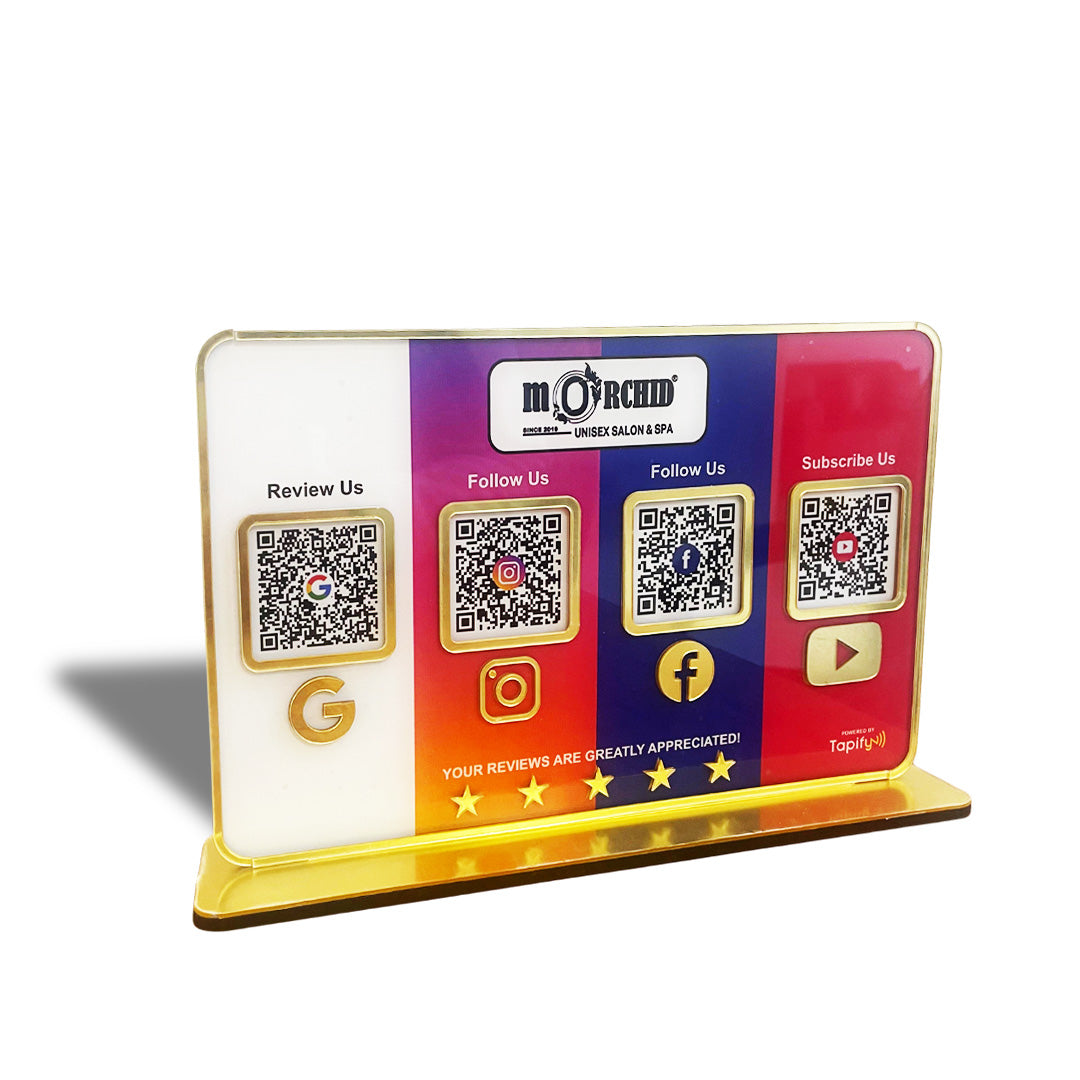 Premium Smart NFC 4QR Table Top Standee | Social Media Theme Edition - GR-IG-FB-YT