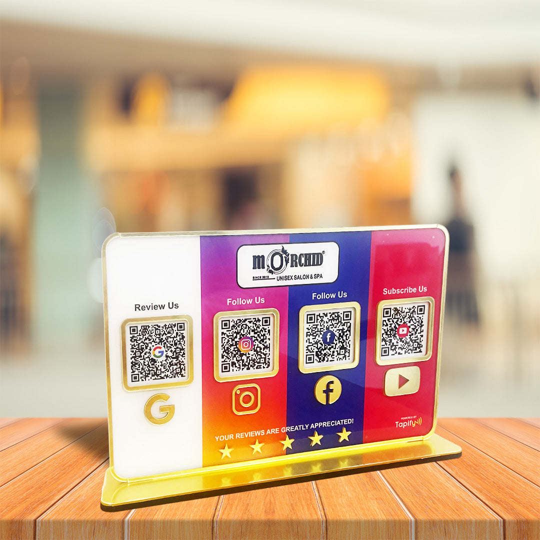 Premium Smart NFC 4QR Table Top Standee | Social Media Theme Edition - GR-IG-FB-YT