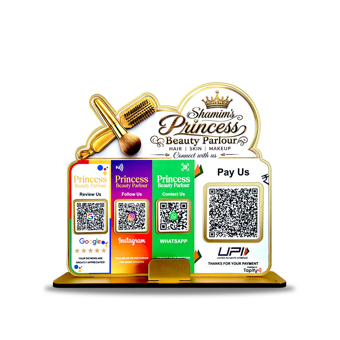 Makeup Brushes Logo Cutout Smart NFC 4 QR Table Top Standee | Social Media Theme Edition With (Big UPI)