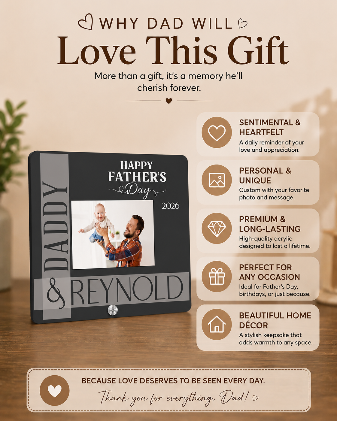 Personalized Father's Day Family Photo Frame - Custom Acrylic Gift for Father & Son/Daughter