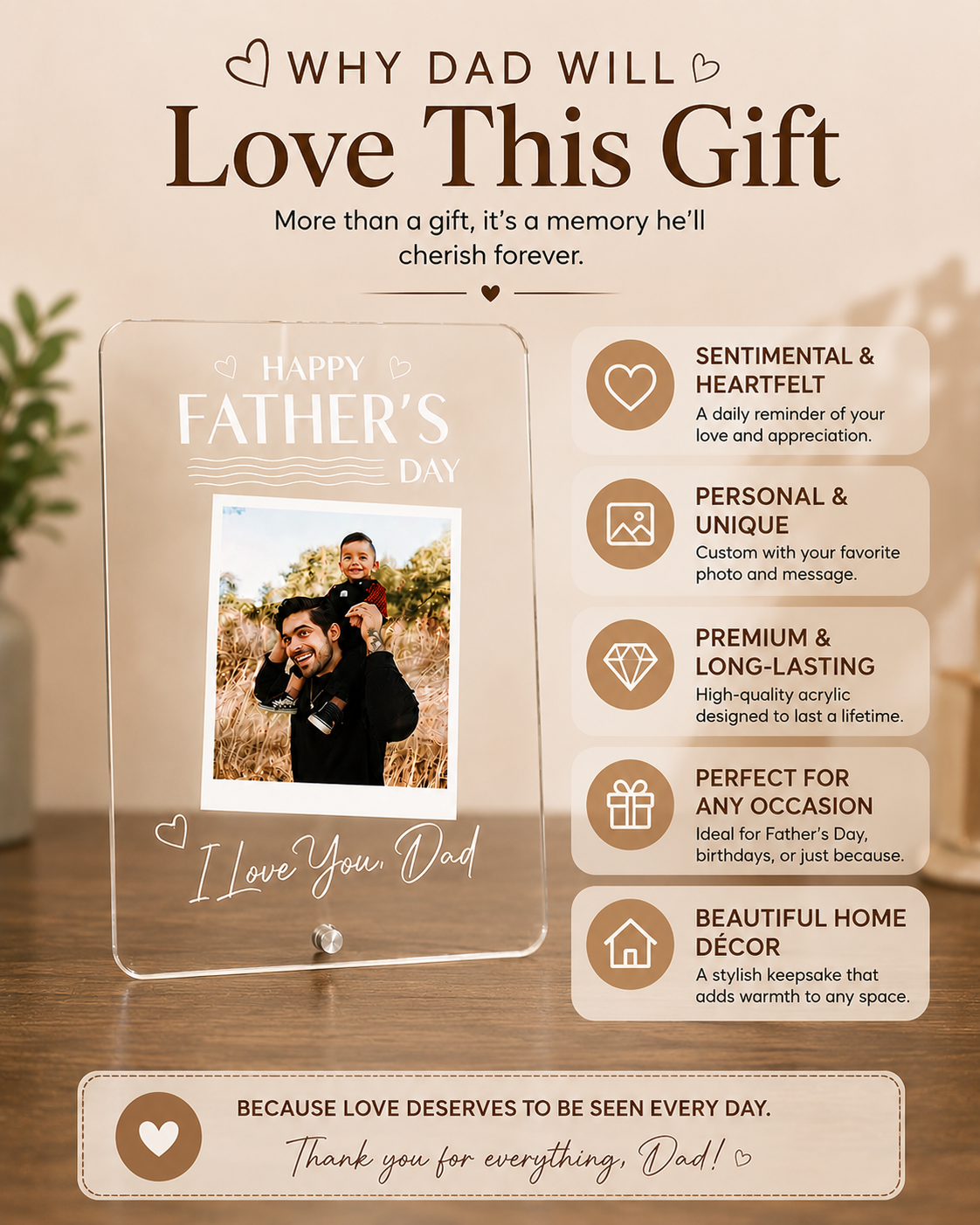 Personalized Transparent Acrylic Photo Plaque for Dad | Custom Father's Day Picture Frame with Stand