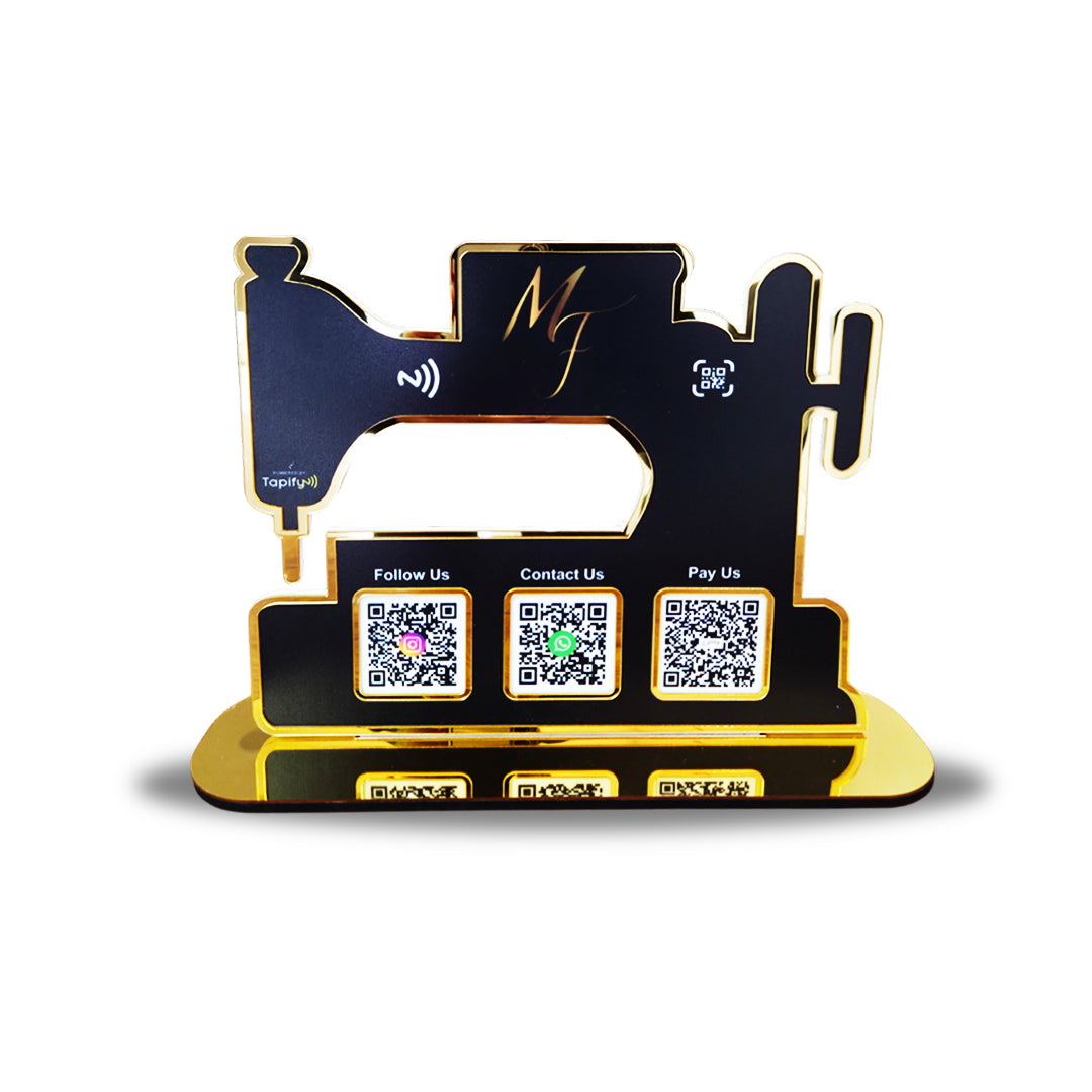 Sewing Machine Shaped - Smart NFC 3QR Table Top  Standee - Black Colour