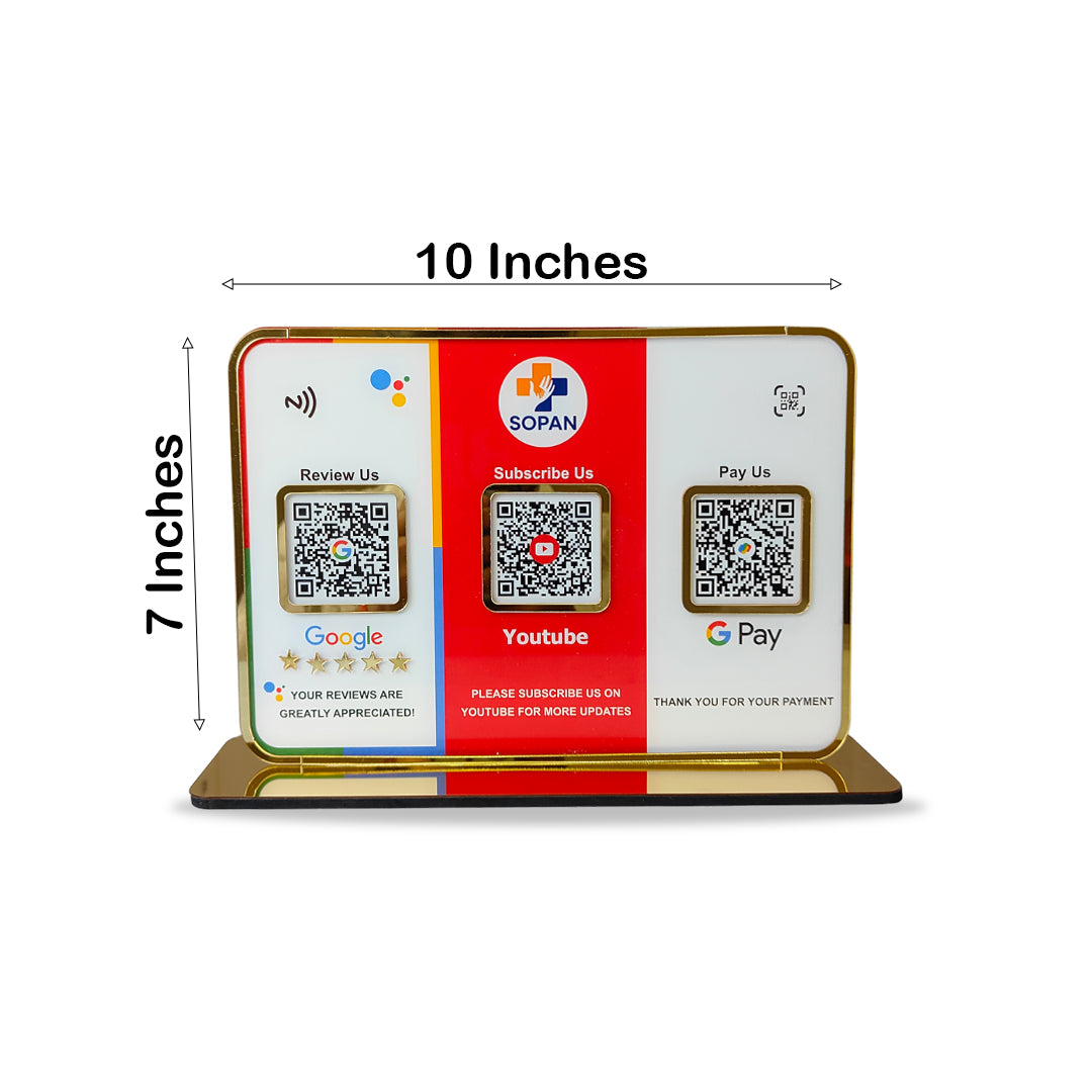 Premium Smart NFC 3QR Table Top Standee | Social Media Theme Edition-Google,Youtube,UPI