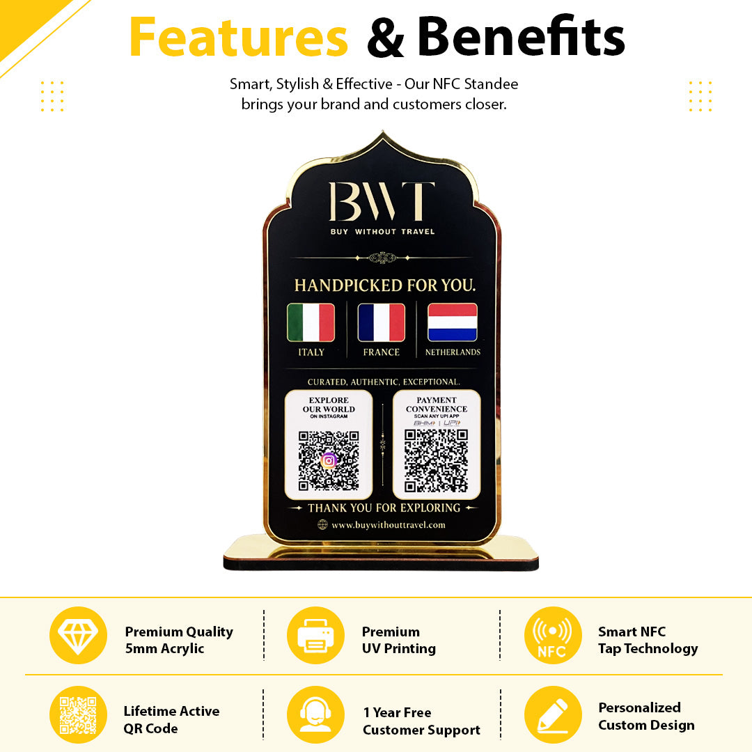 Premium Smart NFC 3-in-1 Table Top Standee - Arch Style - Black Gold Edition