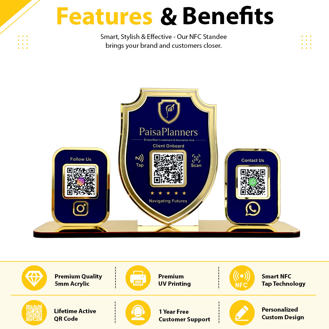 Premium Shield Shaped Smart NFC 3-in-1 Table Top Standee - Blue Colour