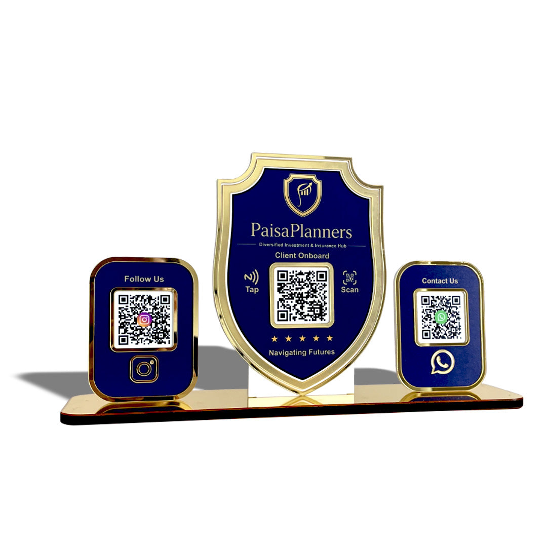 Premium Shield Shaped Smart NFC 3-in-1 Table Top Standee - Blue Colour