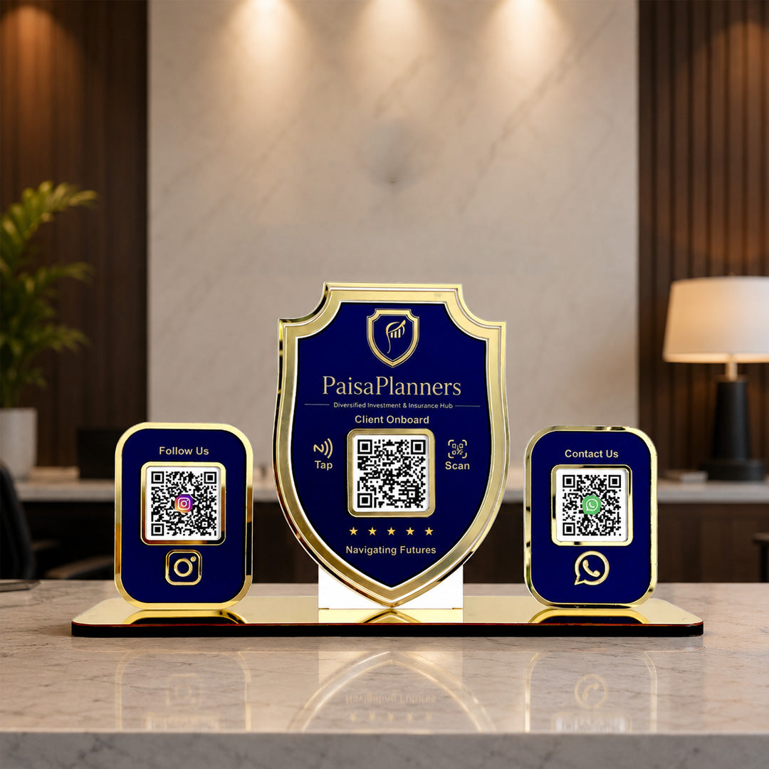 Premium Shield Shaped Smart NFC 3-in-1 Table Top Standee - Blue Colour