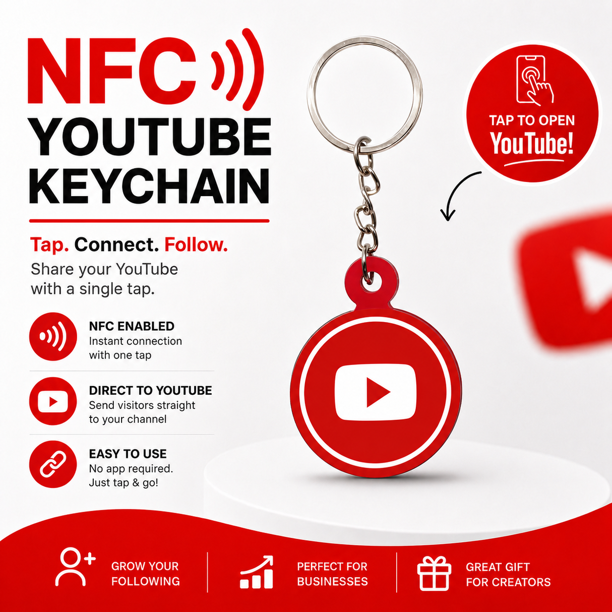 Smart NFC YouTube Keyring - without QR Code(Fixed Design, Your Link Added )
