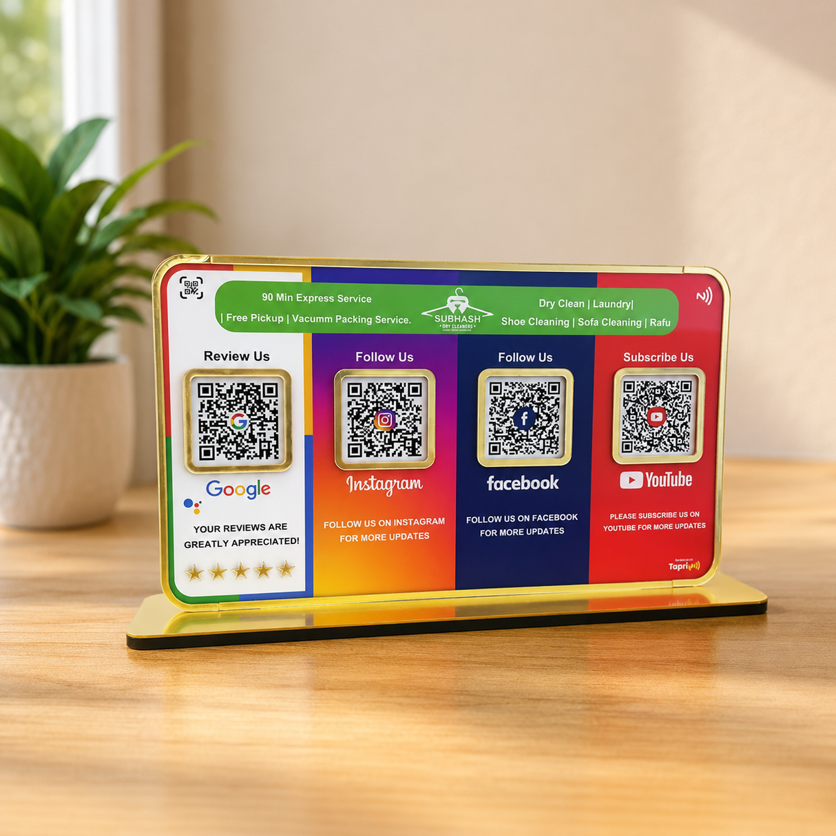Premium Smart NFC 4QR Table Top Standee | Social Media Theme Edition | Google, Insta , FB ,YT( Big Size )