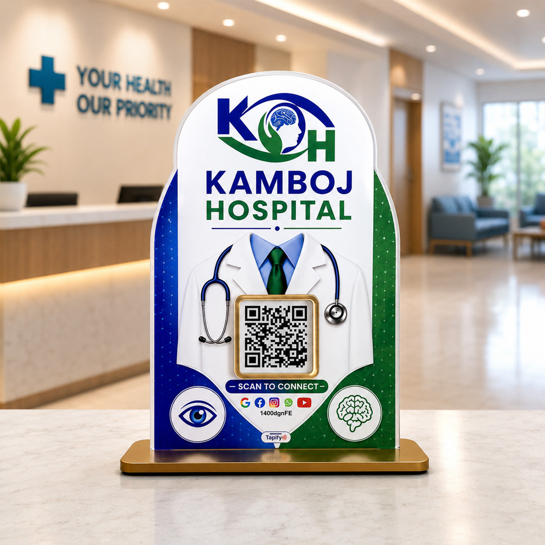 Round Top Doctor Coat Shaped Smart NFC 1 QR Tabletop Standee – All in One -  Hospital Edition