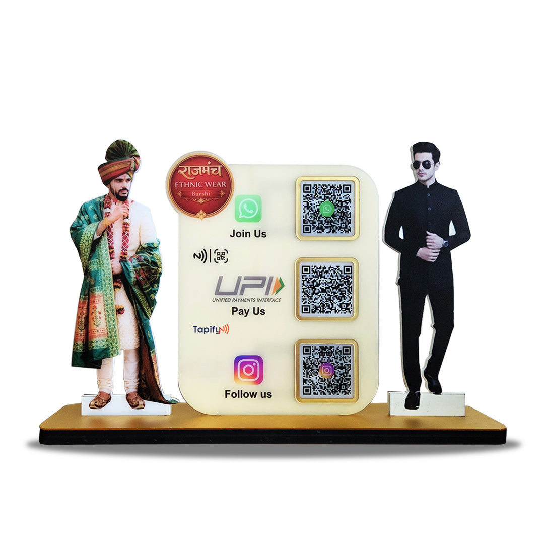 Two Men Cutout Shape - Smart NFC 3QR Table Top Standee - For Ethnic Wear Shop