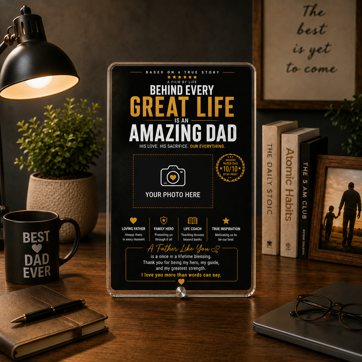 Behind Every Great Life – Personalized Dad Photo Frame- Custom Acrylic Gift for Father & Son/Daughter
